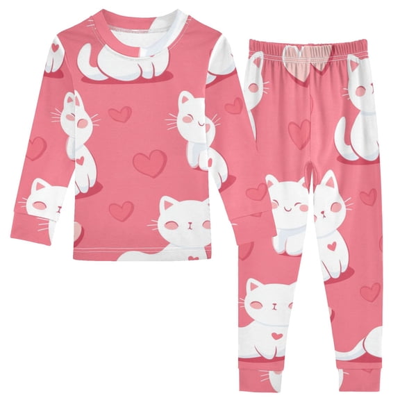 Valentine Cute Happy Cats Hearts Cotton Pajama Set Long Sleeve Top and Pants Sleepwear Unisex 24M