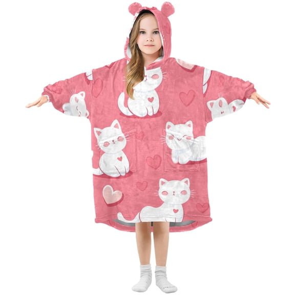 Valentine Cute Happy Cats Hearts Flannel Wearable Blankets Hooded Design Long Sleeves Wrap Unisex for 3T-14Y S