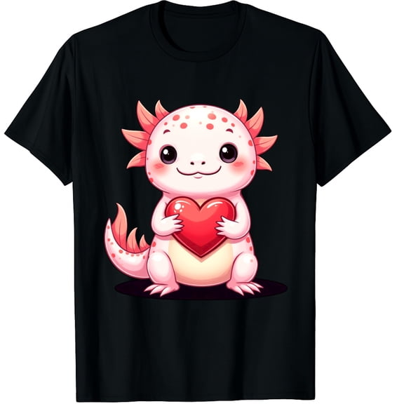 Valentine Cute Pink Axolotl Lovers Heart Graphic Crew Neck Short Sleeve T-Shirts (Men's, Women's)