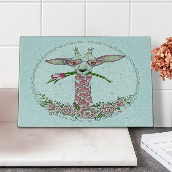 Valentine Cutting Board, Hipster Giraffe with Tulip and Heart Shaped Glasses Vintage Frame, Decorative Tempered Glass Cutting and Serving Board, Small Size, Pale Blue Pale Pink, by Ambesonne