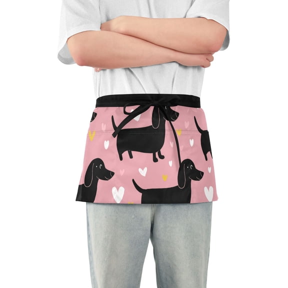 Valentine Dachshund Dogs Cute Hearts Short Server Apron with 3 Pockets for Unisex Chef Gardening