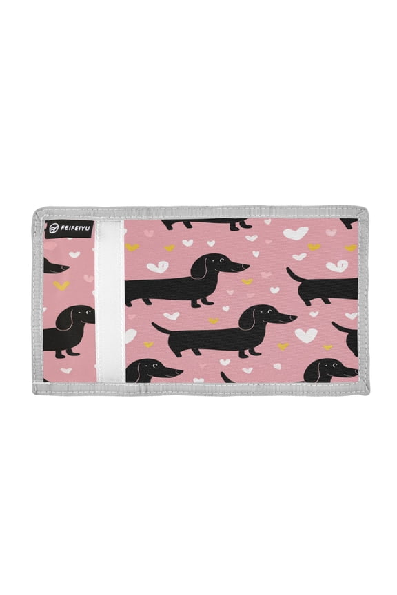 Valentine Dachshund Dogs Cute Hearts Trifold Wallets Card Holders Coin Pockets with Lanyards Portable Unisex