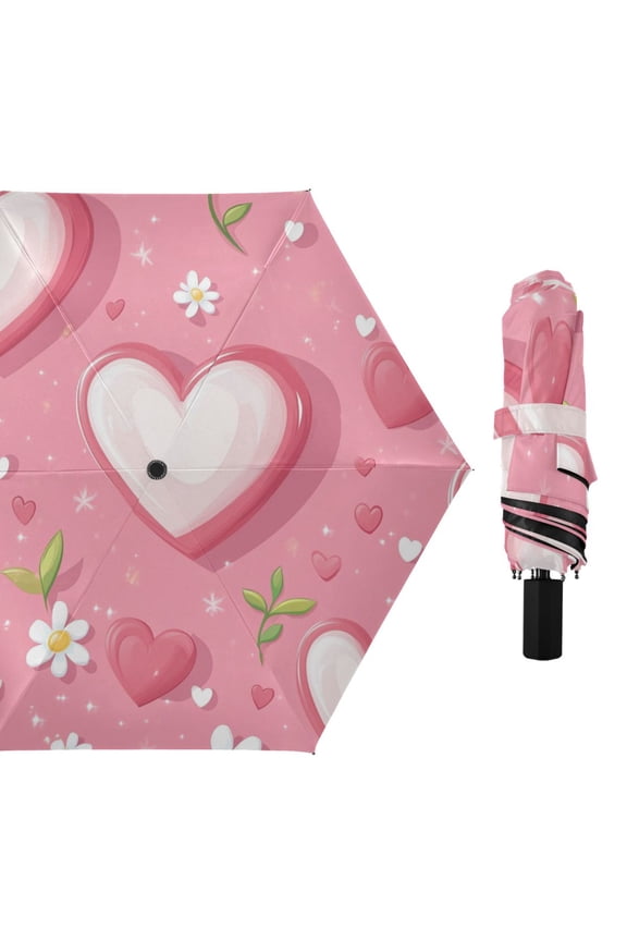 Valentine Daisies Leaves Hearts Cartoon All Weather Umbrella Triple Folding Parasol 6 Ribs UV Protection Portable