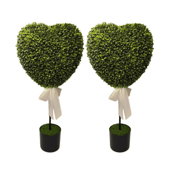 Valentine'Day 32" Potted Heart Shaped Boxwood Topiary - Romantic Faux Greenery Decor with White Ribbon, Ideal for Valentine'Day Wedding Indoor & Outdoor