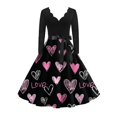 thumbnail image 1 of Valentine Day Dress for Women Long Sleeve V-Neck Cocktail Dresses with Belt 3D Love Heart Printing A-Line Dress Wine M, 1 of 4