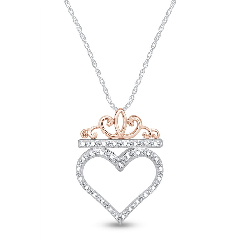 Valentine Day Gift 1/20 Ct Round Natural Diamond Accent Two Tone Crown &  Heart Pendant Necklace 925 Sterling Silver & 10K Solid Rose Gold (I-J  Color,