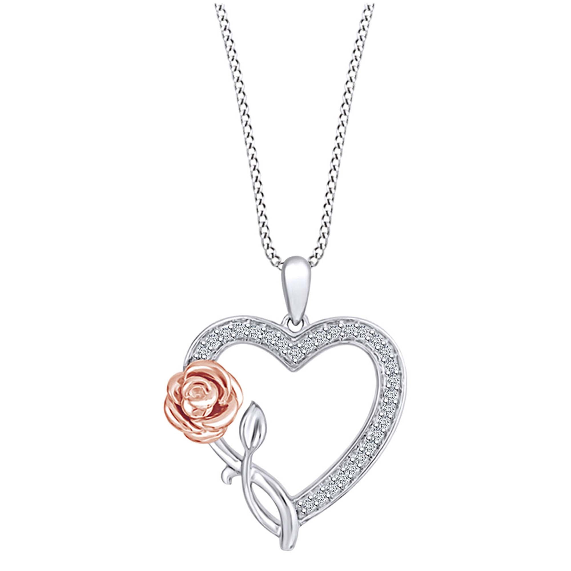 Sterling Silver Rose Heart Pendant Necklace With Real Diamonds - Valentine's Day Gift For Her