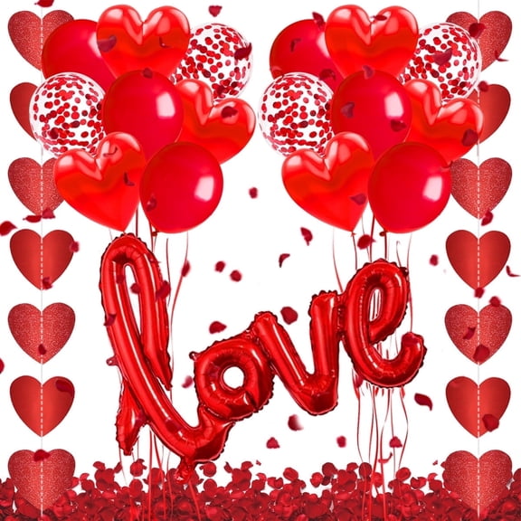 Valentines Day Decorations Heart Balloons with Love Balloon for Romantic Special Night Heart Garland Silk Rose Petals for Anniversary Wedding Party