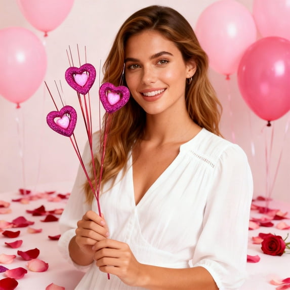 Valentine Day Heart Glitter Branches, 19" Sparkling Heart-Shaped Picks, Romantic Pink and Red Heart Pick for Vases, Glitter Heart Pick Bouquet for Weddings, Anniversaries, Home & Table Decor