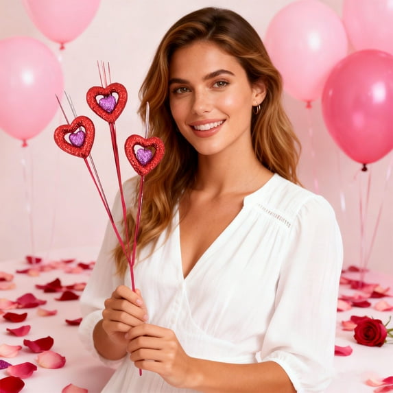 Valentine Day Heart Glitter Branches, 19" Sparkling Heart-Shaped Picks, Romantic Pink and Red Heart Pick for Vases, Glitter Heart Pick Bouquet for Weddings, Anniversaries, Home & Table Decor