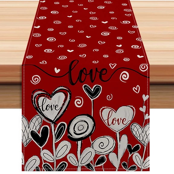 Valentine Day Heart Table Flag Banner For Party Decoration - Linen Tabletop Cloth Runner For Living Room - Includes 1 Piece Table Flag - 0.23 Lb