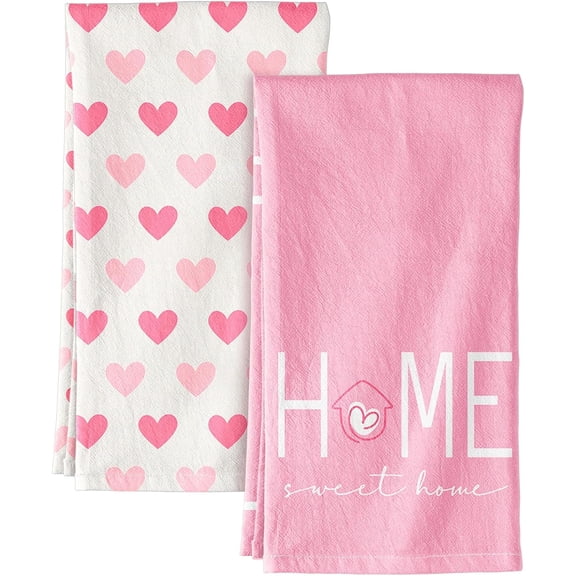 Valentine Day Kitchen Towels Set of 2 - Flour Sack Tea Towels with Hanging Loop 18x26 Inch Home Sweet Home Hand Dish Cloths Pink Hearts Absorbent Reusable Dishcloths Cute Valentine Decor