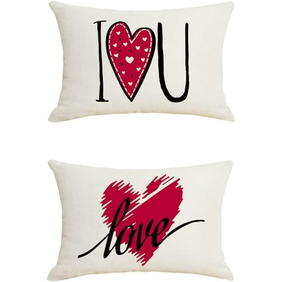 Valentine Day Love Heart Pillow Covers 12x20 inch Set of 2, Valentines Red & Black Throw Pillow Covers, Romantic Love Linen Cushion Cases for Home Decor Wedding Bed Sofa Couch