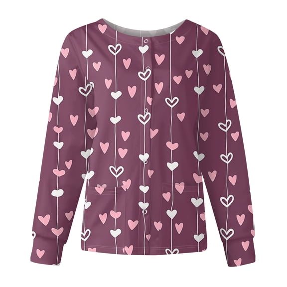 Valentine Day Nursing Scrubs Womens Button Down Short Sleeve Plus Size Uniforms Love Heart Print V Neck Medical Scrubs with Pockets Light Purple 5XL