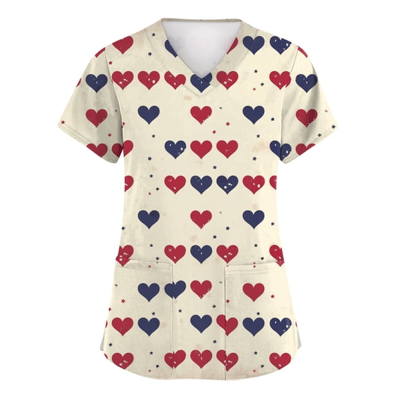 Valentine Day Nursing Scrubs Womens Love Heart Print Quick Dry V Neck Cute Scrub Tops Short Sleeve Plus Size Uniforms with Pockets Beige S