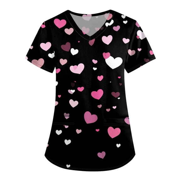 Valentine Day Nursing Scrubs Womens Love Heart Print Quick Dry V Neck Plus Size Scrub Tops Short Sleeve Medical Cute Scrubs with Pockets Black 5XL