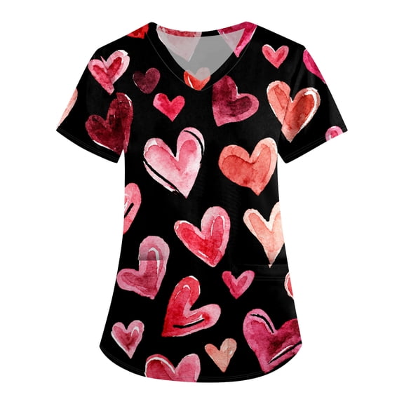 Valentine Day Nursing Scrubs Womens Love Heart Print Short Sleeve Medical Scrub Tops V Neck Quick Dry Plus Size Scrubs with Pockets Deep Red 5XL