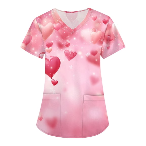 Valentine Day Nursing Scrubs Womens Short Sleeve Cute V Neck Plus Size Uniforms Love Heart Print Quick Dry Scrub Tops with Pockets Light pink XL