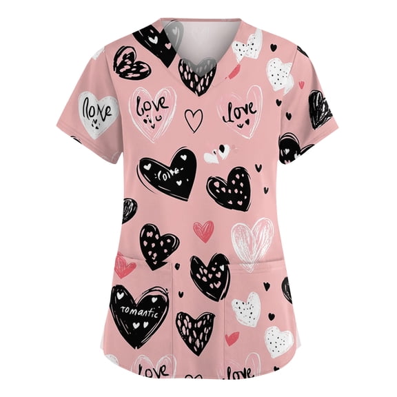 Valentine Day Nursing Scrubs Womens Short Sleeve Cute V Neck Plus Size Uniforms Love Heart Print Quick Dry Scrubs with Pockets Purple Pink XL