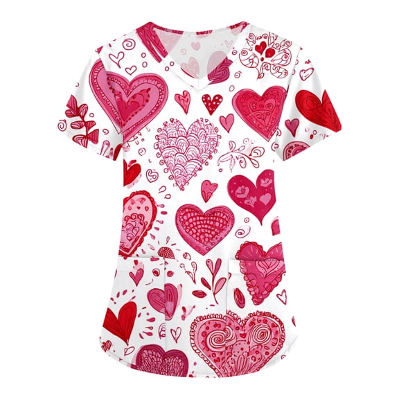 Valentine Day Nursing Scrubs Womens Short Sleeve Love Heart Print Quick Dry Scrubs V Neck Medical Plus Size Uniforms with Pockets Red XL