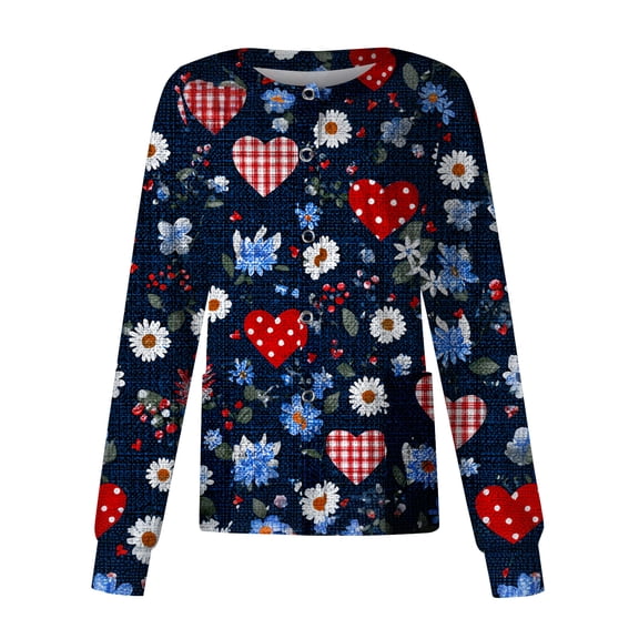 Valentine Day Nursing Scrubs Womens Single Breasted Love Heart Print Plus Size Scrub Tops V Neck Short Sleeve Medical Scrubs with Pockets Dark Blue XL