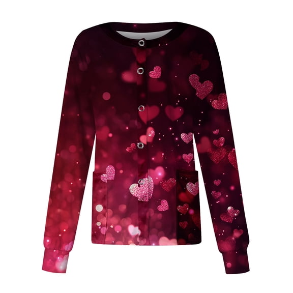 Valentine Day Nursing Scrubs Womens Single Breasted V Neck Quick Dry Scrubs Love Heart Print Short Sleeve Plus Size Uniforms with Pockets Hot Pink S