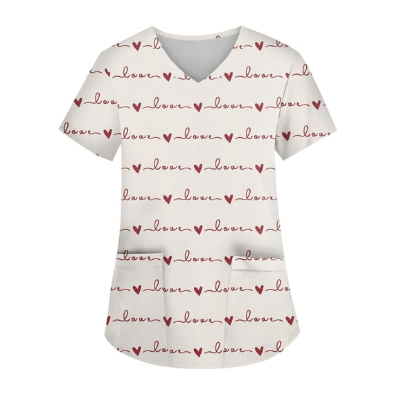 Valentine Day Nursing Scrubs Womens V Neck Cute Love Heart Print Scrub Tops Short Sleeve Plus Size Quick Dry Uniforms with Pockets Khaki 3XL