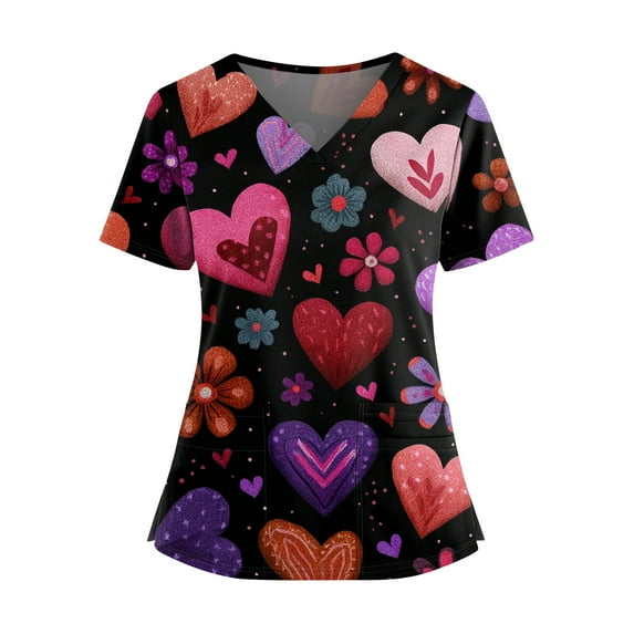 Valentine Day Nursing Scrubs Womens V Neck Short Sleeve Plus Size Scrub Tops Love Heart Print Cute Medical Scrubs with Pockets Purple Pink 3XL