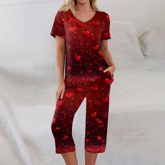 Valentine Day Pajamas Set for Women 2026 Lounge Heart Printed Plus Size Short Sleeve Capri Pants Pjs Set with Pockets