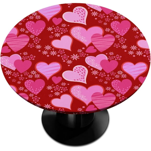 Valentine Day Round Fitted Tablecloth Valentine Decor Round Table Cover with Elastic Wipeable Circle Outdoor Table Cloths for Kitchen Party Patio Holiday Decor Fit 40"-44" Tables Pad