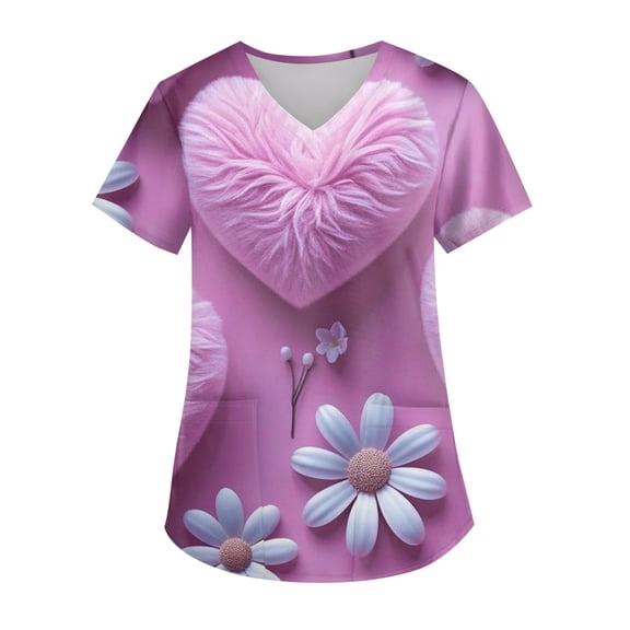 Valentine Day Scrub Tops for Women Love Heart Print Short Sleeve Quick Dry Plus Size Workwear Nursing V Neck Medical Uniform with Pockets Purple Pink 3XL