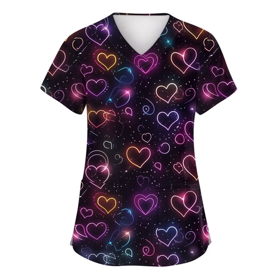 Womens Valentine Day Scrub Tops Love Heart Print Short Sleeve Plus Size Quick Dry Scrub Tops Medical V Neck Cute Scrubs with Pockets