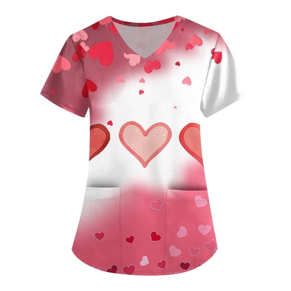 Valentine Day Scrub Tops for Woman Love Heart Print Cute V Neck Quick Dry Scrub Tops Short Sleeve Medical Plus Size Scrubs with Pockets Multicolor XL