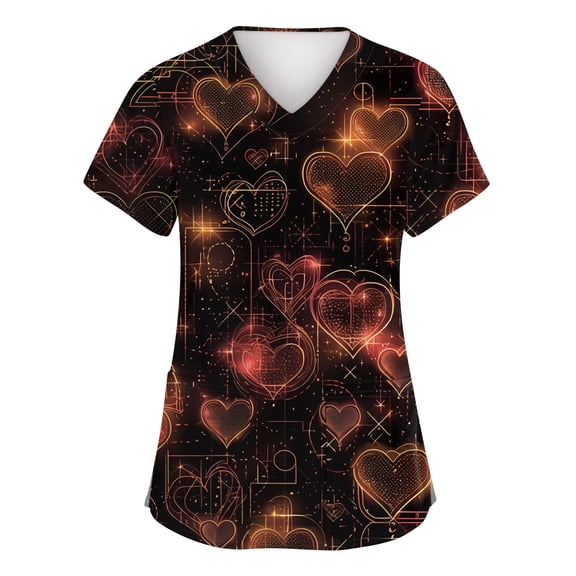 Valentine Day Scrub Tops for Woman Love Heart Print Medical Short Sleeve Cute Scrubs V Neck Plus Size Nursing Uniforms with Pockets Black S