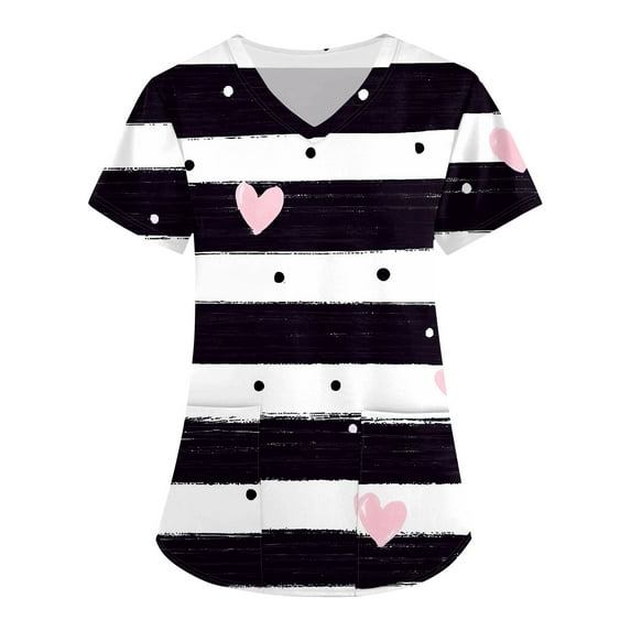 Valentine Day Scrub Tops for Woman Love Heart Print Short Sleeve Plus Size Workwear V Neck Medical Nursing Scrubs with Pockets Black 5XL