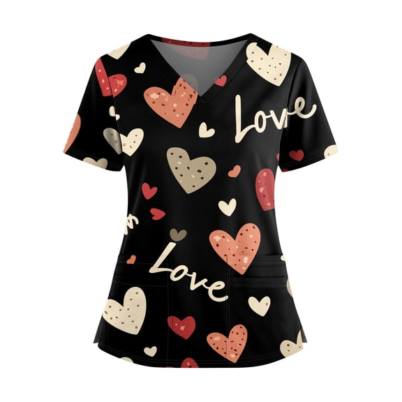 Valentine Day Scrub Tops for Woman Short Sleeve Nursing Love Heart Print Plus Size Scrubs V Neck Cute Medical Scrub Tops with Pockets Black 2XL