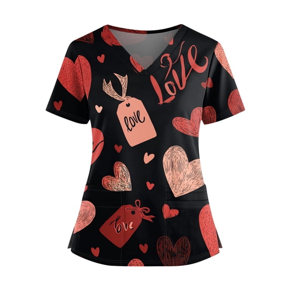 Valentine Day Scrub Tops for Woman V Neck Cute Love Heart Print Plus Size Scrub Tops Short Sleeve Nursing Quick Dry Uniforms with Pockets Black XL