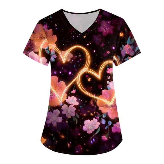 Valentine Day Scrub Tops for Woman V Neck Cute Short Sleeve Quick Dry Scrubs Love Heart Print Nursing Plus Size Uniforms with Pockets Wine 2XL