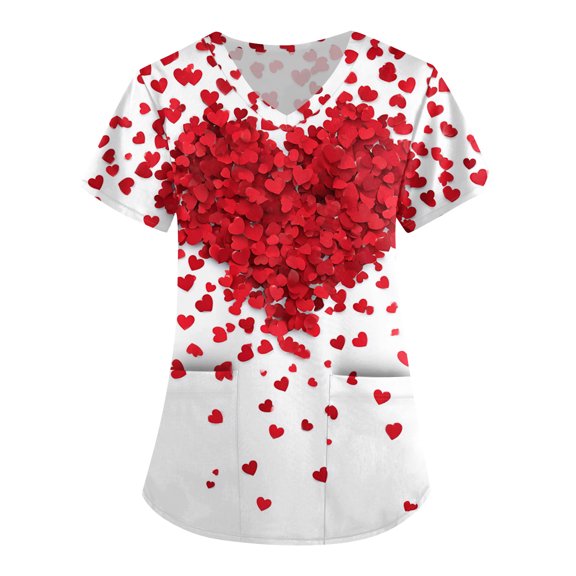 Valentine Day Scrub Tops for Woman V Neck Medical Love Heart Print Cute Scrubs Short Sleeve Plus Size Nursing Scrub Tops with Pockets Pink 3XL