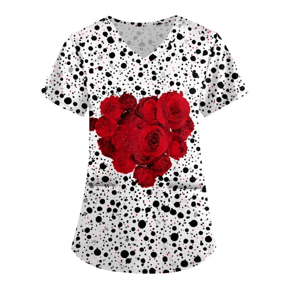 Valentine Day Scrub Tops for Woman V Neck Nursing Short Sleeve Cute Scrub Tops Love Heart Print Plus Size Medical Scrubs with Pockets Gray XL