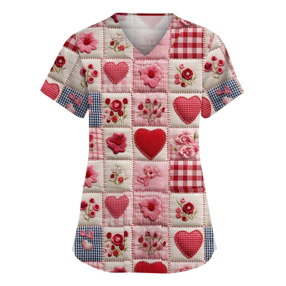 Valentine Day Scrub Tops for Woman V Neck Short Sleeve Medical Nursing Top Love Heart Print Cute Plus Size Scrubs with Pockets Hot Pink L