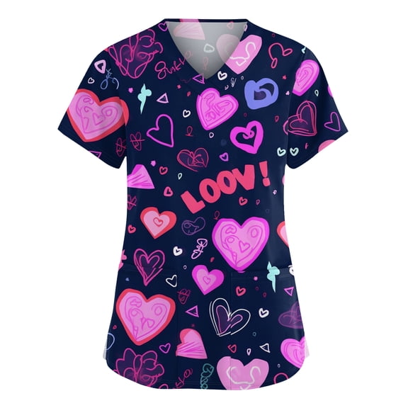 Valentine Day Scrub Tops for Woman V Neck Short Sleeve Medical Workwear Love Heart Print Nursing Plus Size Nursing Top with Pockets Dark Blue XL