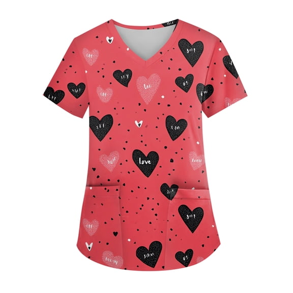 Valentine Day Scrub Tops for Women Love Heart Print Short Sleeve Cute Nursing Scrub Tops Plus Size V Neck Medical Scrubs with Pockets Vermilion S