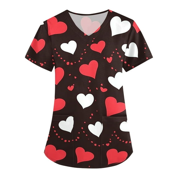 Valentine Day Scrub Tops for Women Love Heart Print V Neck Cute Medical Workwear Plus Size Short Sleeve Nursing Scrubs with Pockets Multicolor XL