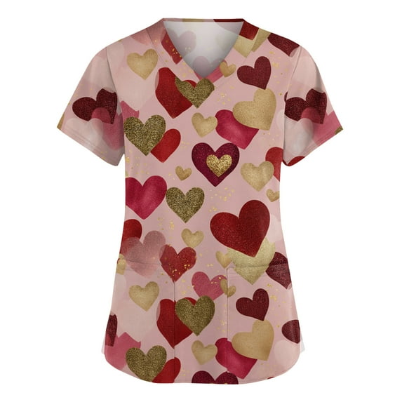 Valentine Day Scrub Tops for Women Love Heart Print V Neck Medical Cute Uniform Plus Size Short Sleeve Nursing Workwear with Pockets Light pink XL