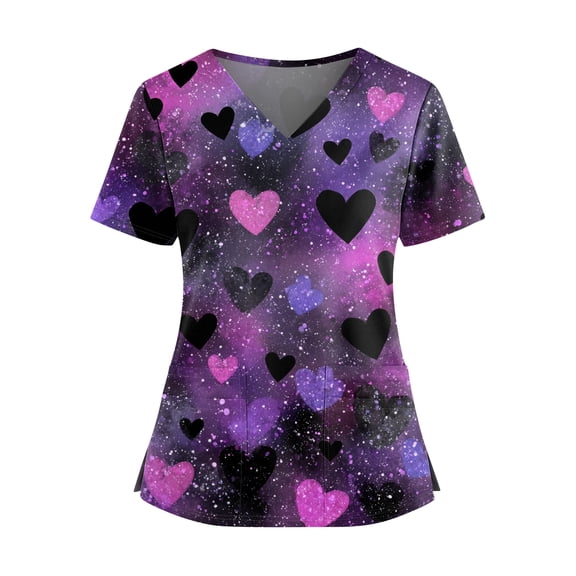 Valentine Day Scrub Tops for Women Love Heart Print V Neck Medical Cute Workwear Quick Dry Short Sleeve Plus Size Scrub Tops with Pockets