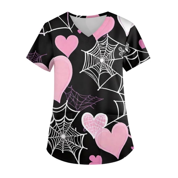 Valentine Day Scrub Tops for Women Love Heart Print V Neck Nursing Quick Dry Uniform Cute Short Sleeve Medical Scrubs with Pockets Black XL