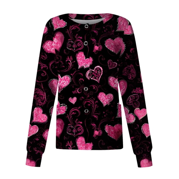 Valentine Day Scrubs for Women Single Breasted Love Heart Print Quick Dry Uniforms Short Sleeve V Neck Medical Plus Size Scrubs with Pockets Purple Pink S