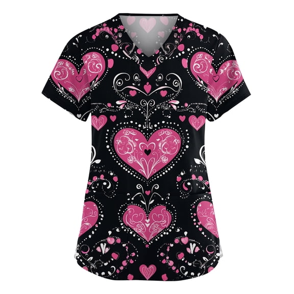 Valentine Day Scrubs for Women Love Heart Print Medical V Neck Plus Size Scrubs Short Sleeve Quick Dry Cute Uniforms with Pockets Black S