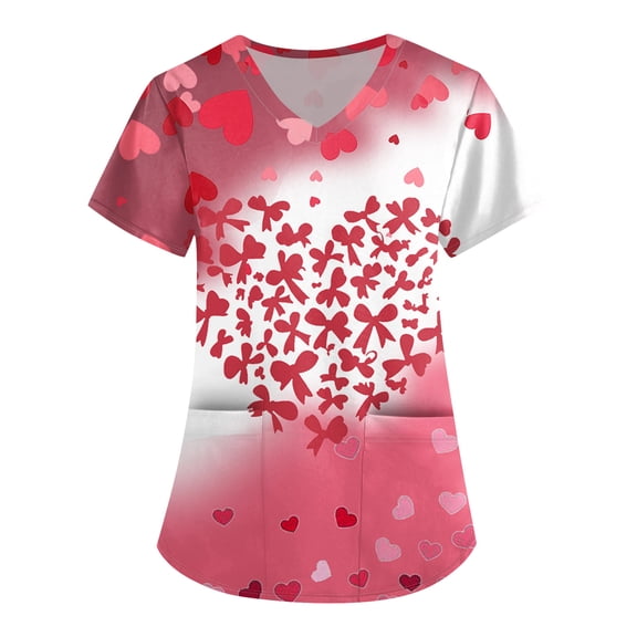 Valentine Day Scrubs for Women Love Heart Print Plus Size Short Sleeve Cute Scrubs V Neck Medical Quick Dry Scrub Tops with Pockets Red 5XL
